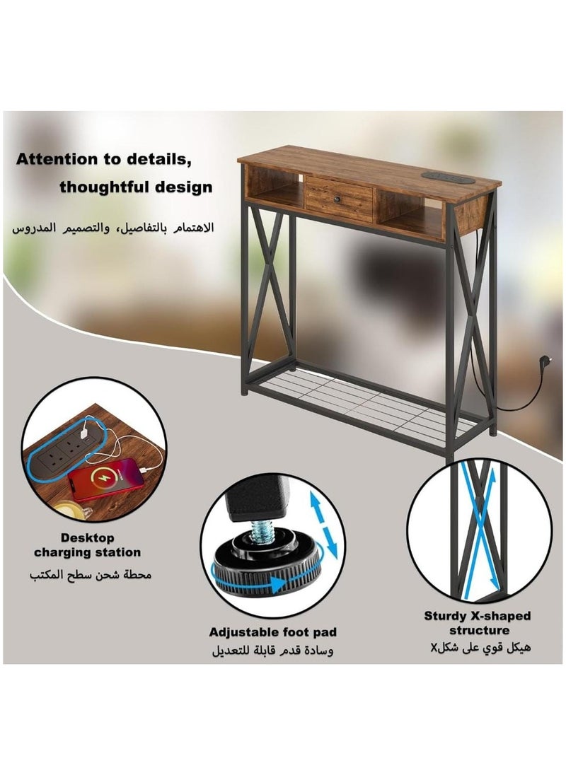 Modern design table, wood and iron console table, 1 drawer and 2 shelves, dark gray wood with dark frameEI-301 - pzsku/Z064DB2F6763E6B56896AZ/45/_/1735114741/d0fbb49b-16fc-4c75-a347-e2e7425fab61