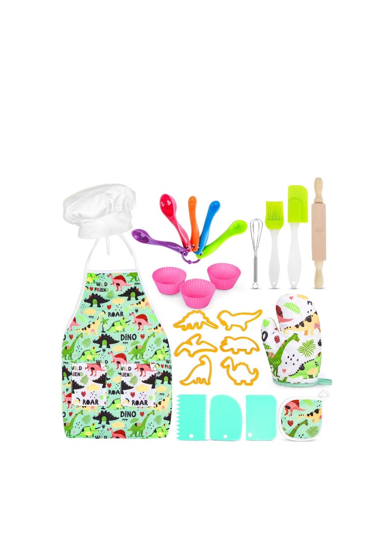 Zikra Kids Baking Chef Set, 26Pcs with Dinosaur Apron Hat Role Play Cooking Chef Cooking Dress Up Toys, Pretend Play Kitchen Toys Gifts for Boys Girls Aged 3-8 - Image 1