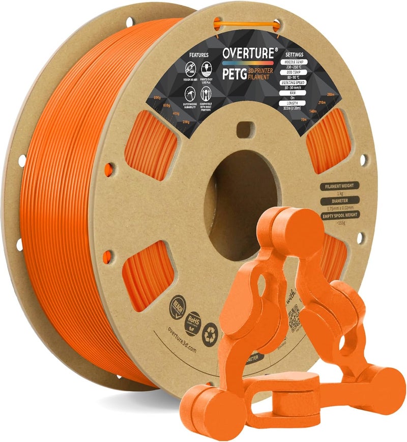 OVERTURE PETG 3D Printer Filament 1.75mm, Neatly Wound Durable PETG 1kg Spool (2.2lbs), Strong Toughness Filament, Dimensional Accuracy +/- 0.02mm, Fit Most FDM Printers (Orange) - Image 1