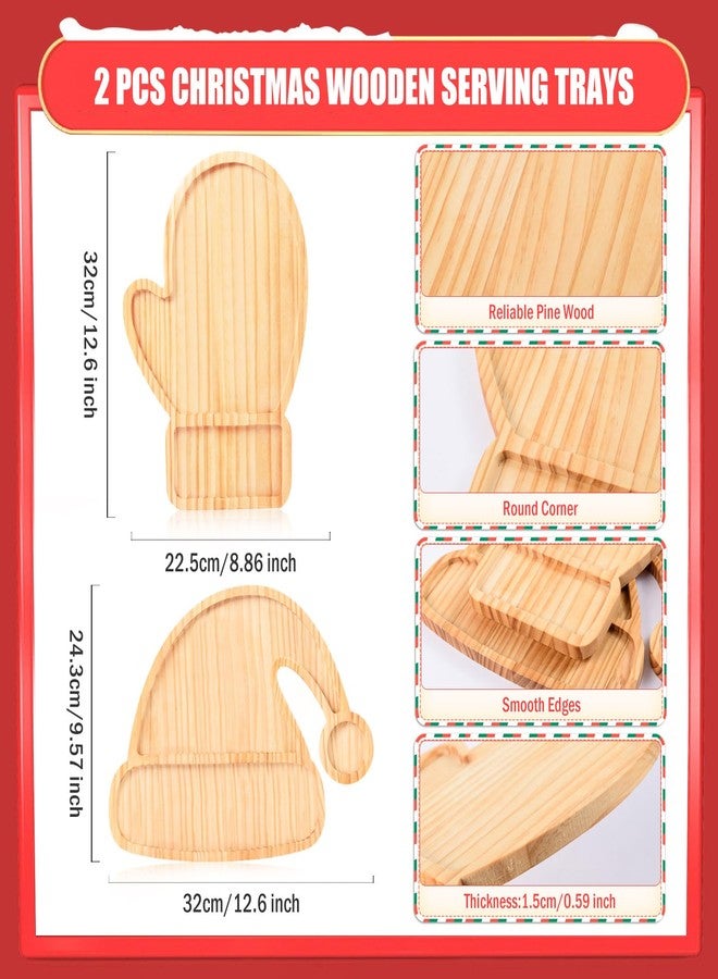 FOBSME 2 Pcs Christmas Serving Trays Santa Hat and Winter Mitten Shape Charcuterie Boards Decorative Wooden Serving Platter Pine Wood Snack Dish Plates for Xmas Holiday Housewarming Present,12.6 Inch - Image 2