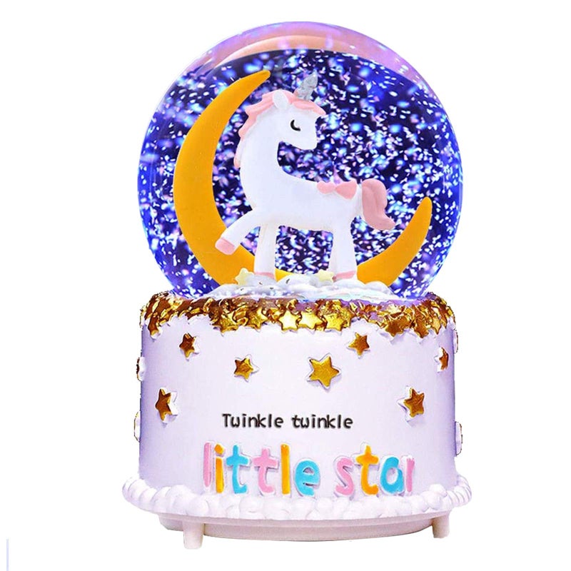 VECU VECU Unicorn Snow Globe 80 MM Automatic Snowfall Cartoon Moon Music Box Home Decoration for Girls Kids Granddaughters Babies Birthday Gift Musical ResinGlass 