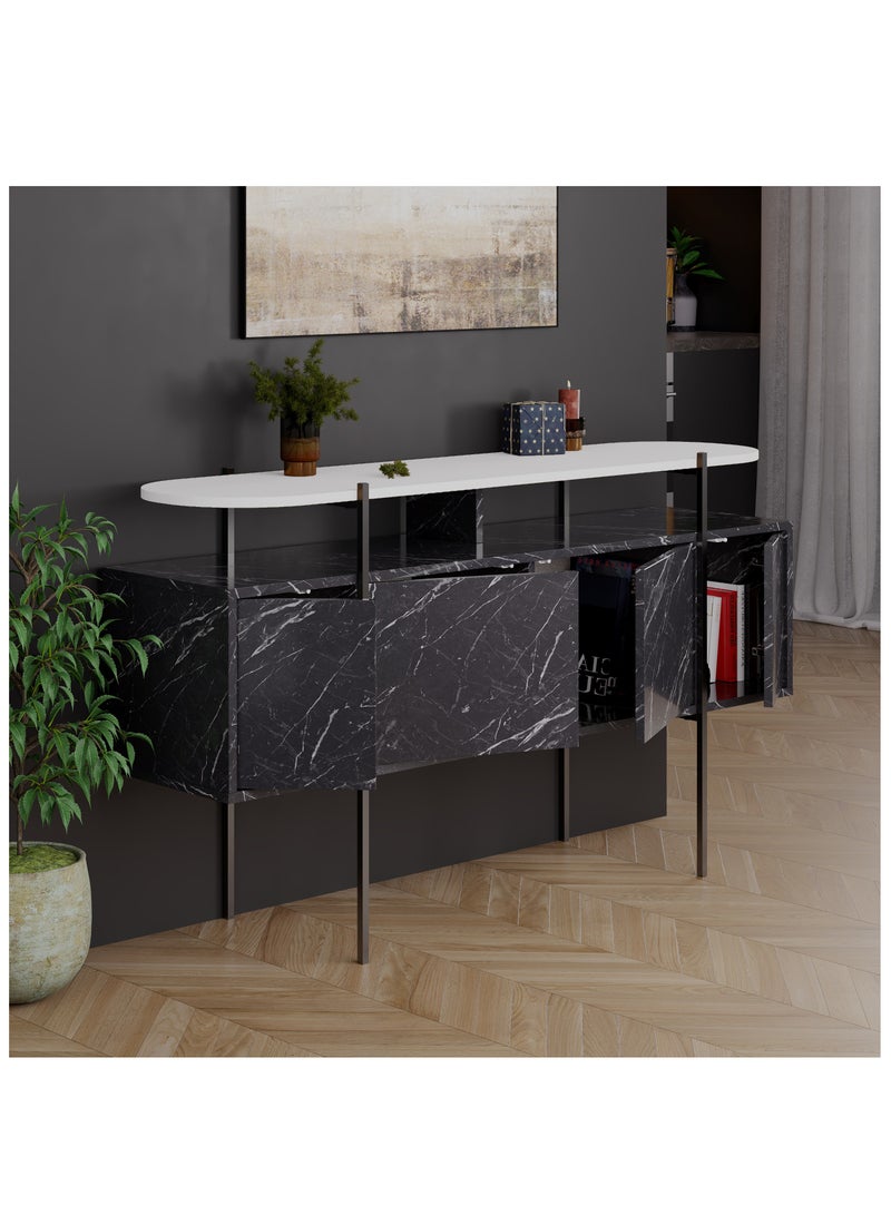 موراه خزانة جانبية عصرية من موراه هوم هانلي بأربعة أبواب ورف عرض علوي - خزانة تخزين لغرفة المعيشة، الصالة، غرفة الطعام، الرواق - ٣٨×٨٦٫٢×١٥٠ سم (رخام أسود/أبيض) - Image 3