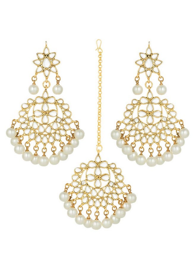 Aheli - Beautiful Indian Traditional Wedding Faux Kundan Beaded Maang Tikka With Earrings Set For Women Ethnic Fashion Jewelry (White) - Image 1