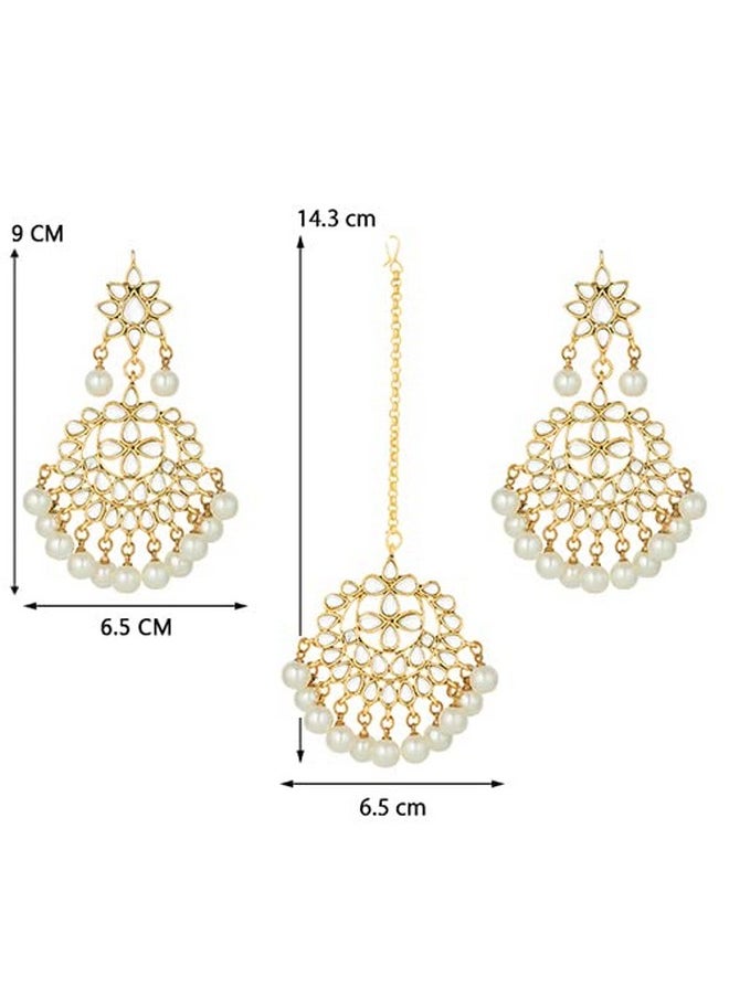 Aheli - Beautiful Indian Traditional Wedding Faux Kundan Beaded Maang Tikka With Earrings Set For Women Ethnic Fashion Jewelry (White) - Image 1