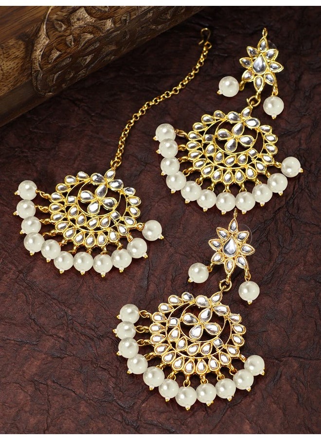 Aheli - Beautiful Indian Traditional Wedding Faux Kundan Beaded Maang Tikka With Earrings Set For Women Ethnic Fashion Jewelry (White) - Image 1