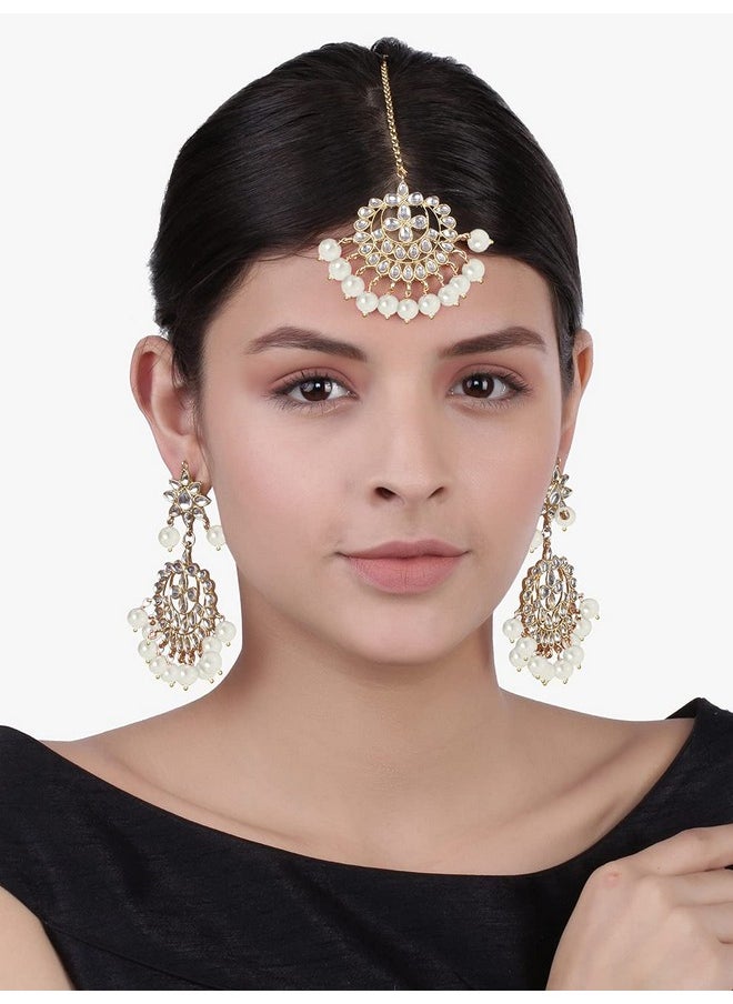 Aheli - Beautiful Indian Traditional Wedding Faux Kundan Beaded Maang Tikka With Earrings Set For Women Ethnic Fashion Jewelry (White) - Image 1