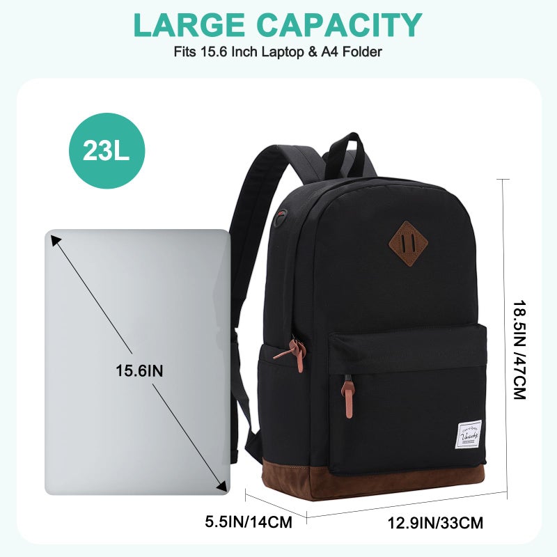 VASCHY Backpack for Men, Unisex Classic Water-resistant College School Backpack Bookbag Laptop Backpack Black - Image 2