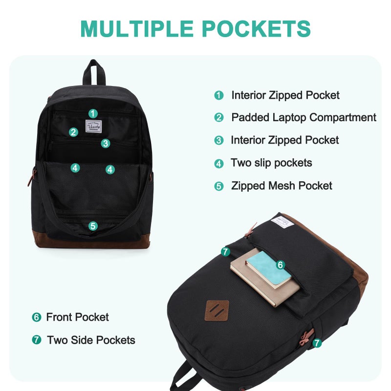VASCHY Backpack for Men, Unisex Classic Water-resistant College School Backpack Bookbag Laptop Backpack Black - Image 3