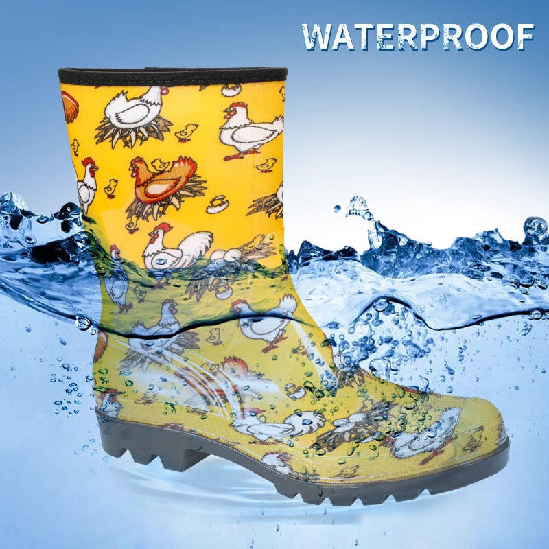 DKSUKO Rain Boots for Women Waterproof Insulated Rubber Garden Boots Wide Calf for Outdoor Gardening Rainy Days & Yard Work (Yellow Chicken,8) - Image 3