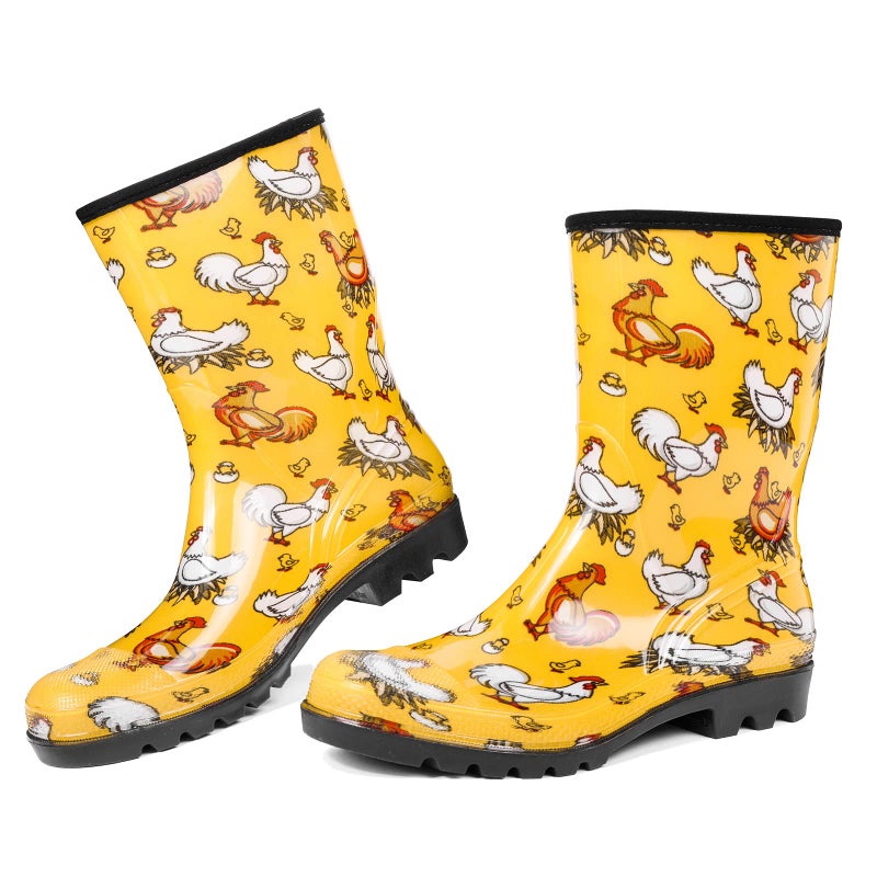 DKSUKO Rain Boots for Women Waterproof Insulated Rubber Garden Boots Wide Calf for Outdoor Gardening Rainy Days & Yard Work (Yellow Chicken,8) - Image 1