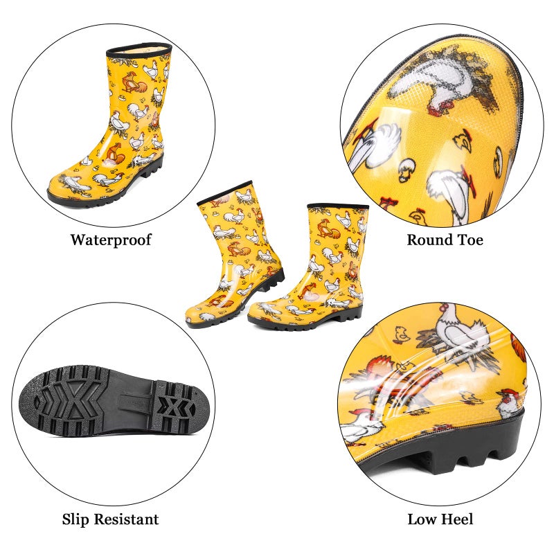 DKSUKO Rain Boots for Women Waterproof Insulated Rubber Garden Boots Wide Calf for Outdoor Gardening Rainy Days & Yard Work (Yellow Chicken,8) - Image 5
