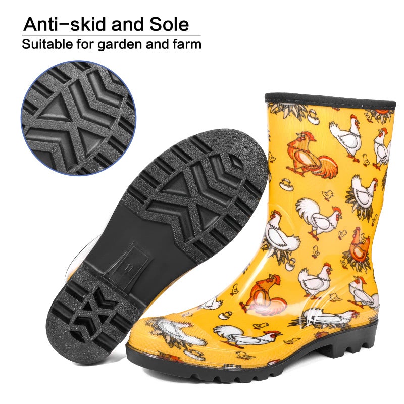DKSUKO Rain Boots for Women Waterproof Insulated Rubber Garden Boots Wide Calf for Outdoor Gardening Rainy Days & Yard Work (Yellow Chicken,8) - Image 4