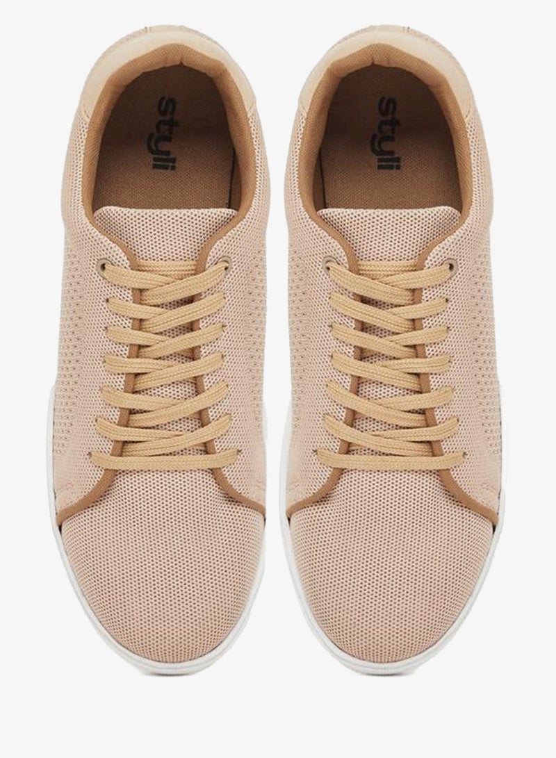 Styli Men Beige Knit Lace-Up Sneakers - Image 3