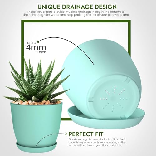 INKULTURE Plant Pots Set with Saucers – 5 Indoor Outdoor Flower Pots in Multiple Sizes (7" to 4.8")– Modern Minimalist Plastic Planters with Drainage Holes – Aqua Nursery Pot Set - Image 2