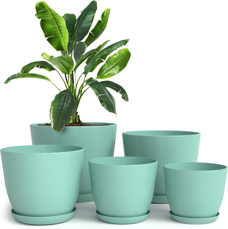 INKULTURE Plant Pots Set with Saucers – 5 Indoor Outdoor Flower Pots in Multiple Sizes (7" to 4.8")– Modern Minimalist Plastic Planters with Drainage Holes – Aqua Nursery Pot Set - Image 1