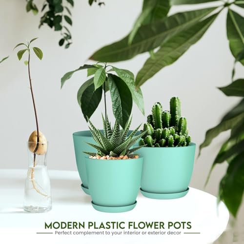 INKULTURE Plant Pots Set with Saucers – 5 Indoor Outdoor Flower Pots in Multiple Sizes (7" to 4.8")– Modern Minimalist Plastic Planters with Drainage Holes – Aqua Nursery Pot Set - Image 4