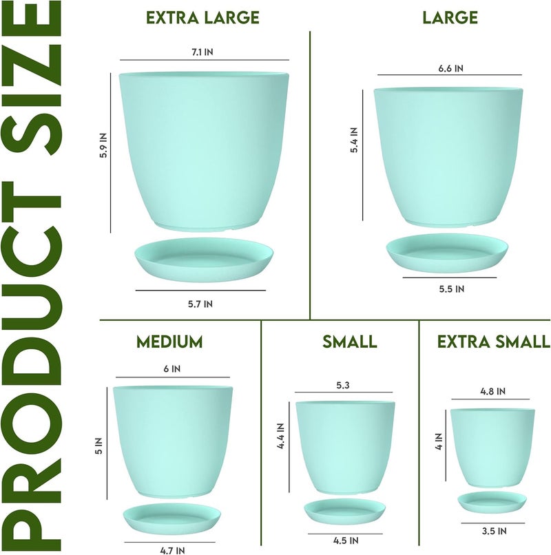 INKULTURE Plant Pots Set with Saucers – 5 Indoor Outdoor Flower Pots in Multiple Sizes (7" to 4.8")– Modern Minimalist Plastic Planters with Drainage Holes – Aqua Nursery Pot Set - Image 3