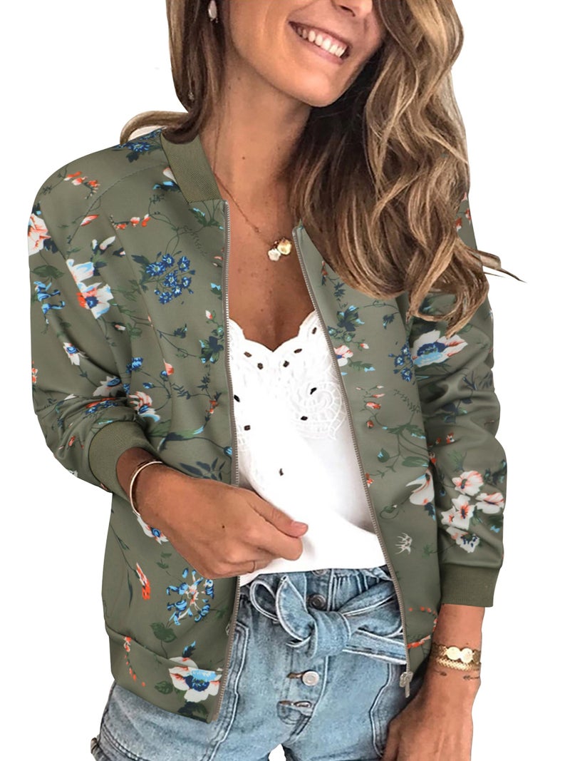 ECOWISH Women's Casual Floral Zip Up Bomber Jacket Coat Lightweight Short Camo No Lining Outwear Tops Windbreaker with Pocket 337Army Green Large - Image 1