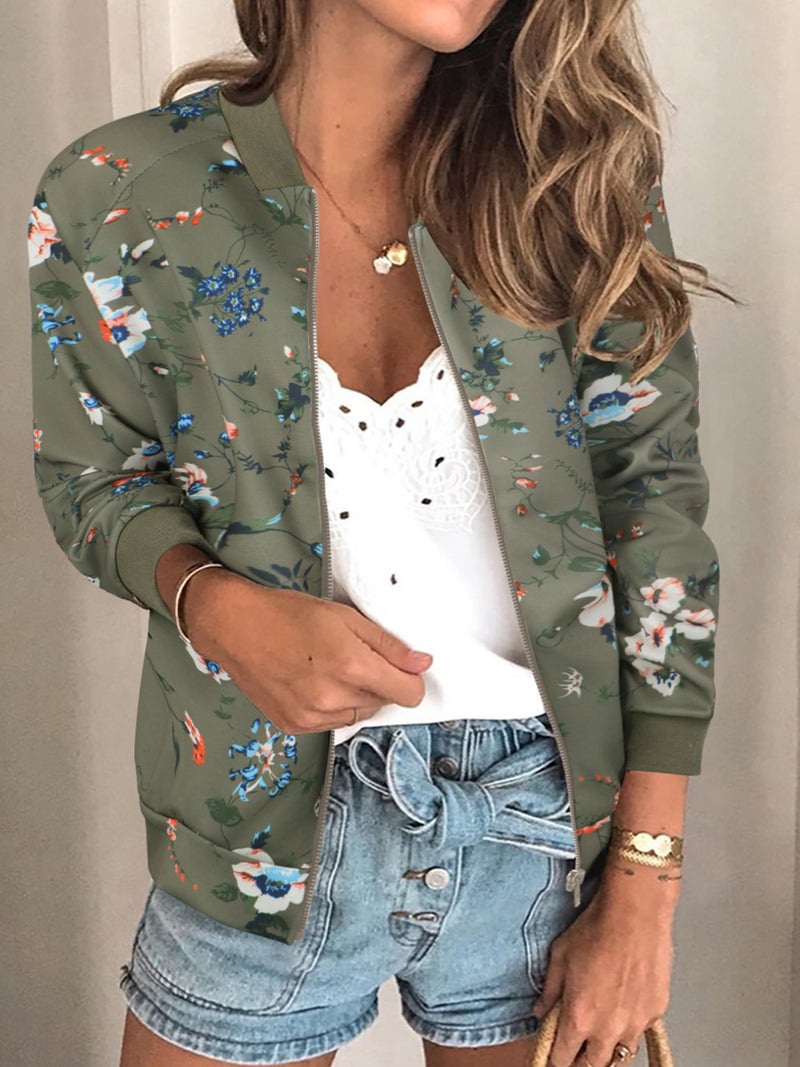 ECOWISH Women's Casual Floral Zip Up Bomber Jacket Coat Lightweight Short Camo No Lining Outwear Tops Windbreaker with Pocket 337Army Green Large - Image 2