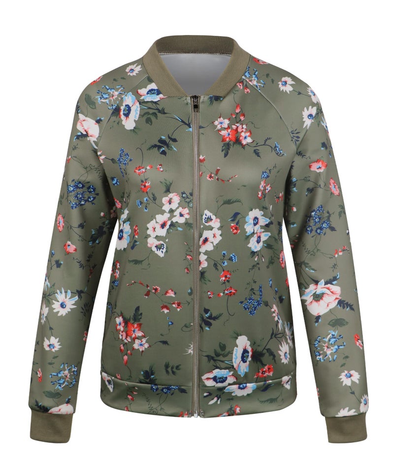 ECOWISH Women's Casual Floral Zip Up Bomber Jacket Coat Lightweight Short Camo No Lining Outwear Tops Windbreaker with Pocket 337Army Green Large - Image 5