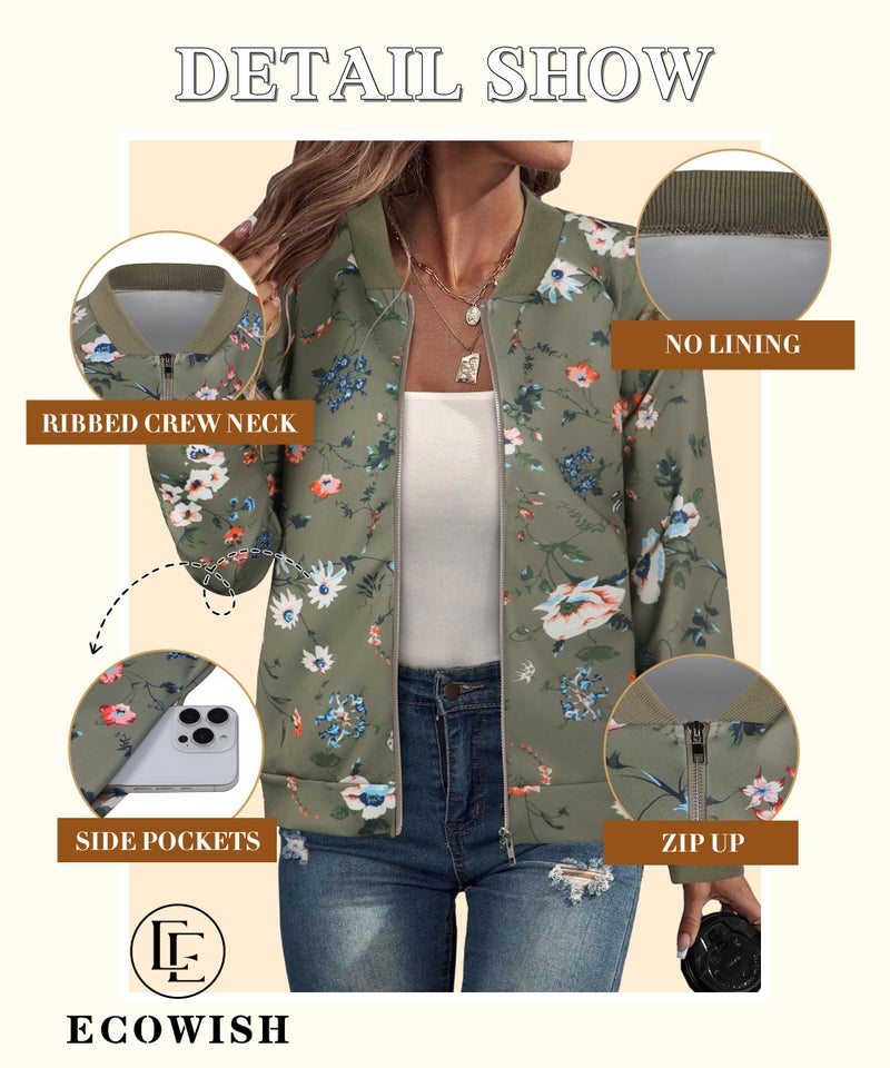 ECOWISH Women's Casual Floral Zip Up Bomber Jacket Coat Lightweight Short Camo No Lining Outwear Tops Windbreaker with Pocket 337Army Green Large - Image 4