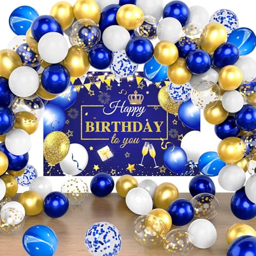 YinQin 63 PCS Royal Navy Blue Golden Happy Birthday Party Balloons Set with Photography Background Backdrop Banner Happy Bday Confetti Balloons Celebration Party Supplies Decorations for Men Women - Image 1