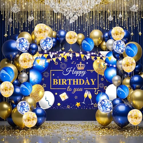 YinQin 63 PCS Royal Navy Blue Golden Happy Birthday Party Balloons Set with Photography Background Backdrop Banner Happy Bday Confetti Balloons Celebration Party Supplies Decorations for Men Women - Image 2