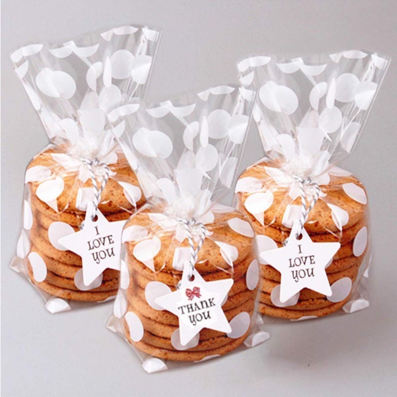 JOERSH 200 Pack 81 x 5 Bottom Gusset Clear Plastic Cookie Bags with Ties White Polka Dots Pattern Small Candy Bags Treat Bags for Muffin Bakery Packaging