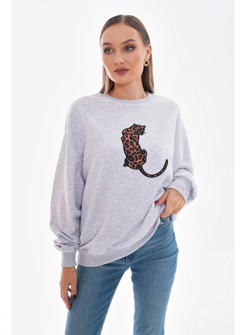 Marvella By Rasha GREY Oversized Black Sweatshirt with Embroidered Leopard for Women | Best Price UAE