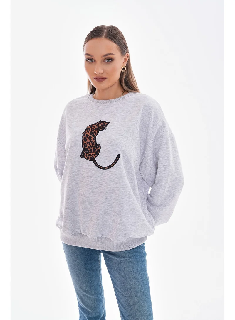مارفيلا باي رشا Oversized Black Sweatshirt with Embroidered Leopard