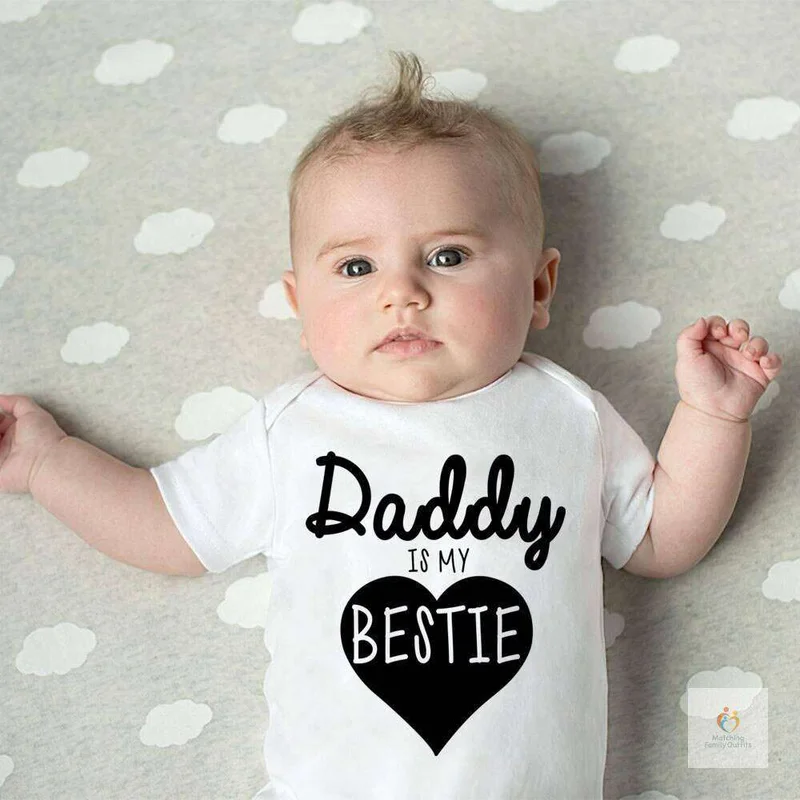 Matching Family Outfits Daddy Is My Bestie Baby Romper – Cute Heart Print Infant Bodysuit, Unisex Newborn Baby Boy Girl Short Sleeve Cotton Jumpsuit, Adorable Baby Outfit (WHITE)