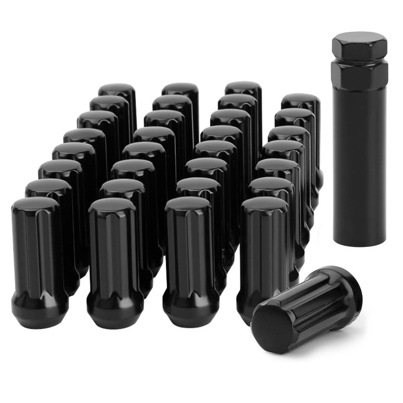 glorider 32pcs M14x15 Lug Nuts Spline Black 14x15 Aftermarket Wheel Lug Nuts for F150 F250 F350 Silverado Sierra Ram 2500 3500 with 1 Socket Keys Long Extended