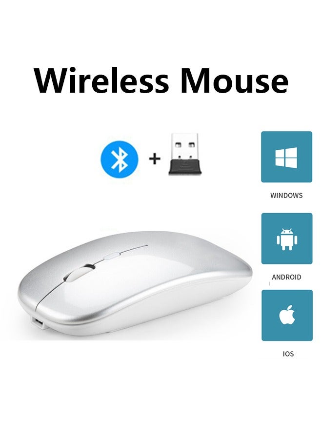 Wireless Bluetooth Mouse, Bluetooth 5.1 + USB, 2.4GHz Rechargeable Silent Bluetooth Wireless Mouse, Cputer Mice with USB Receiver(Silver) - Image 1
