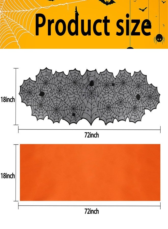 RunNico 2 PCS Halloween Spider Web Lace Table Runner, 72'' x 18'' Halloween Crawling Spider Lace-Lined Table Decoration, Black Orange Spider Web Tablerunner for Halloween Table and Home Decorations - Image 2