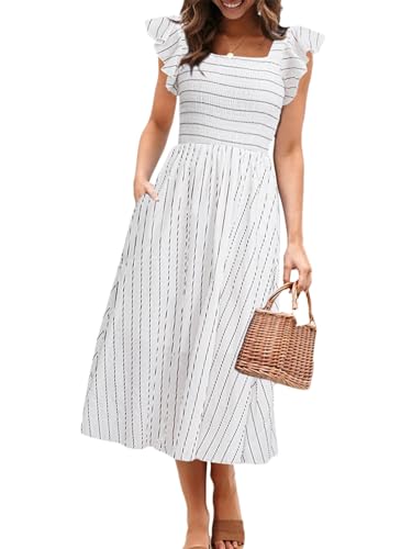 Miessial Womens Summer Midi Smocked Dress 2025 Elegant Square Neck Striped Linen Materity Dress Boho Beach Wedding Guest Dresses with Pockets White,XS - Image 1