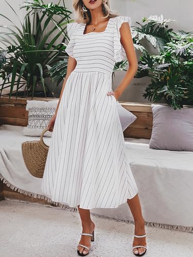 Miessial Womens Summer Midi Smocked Dress 2025 Elegant Square Neck Striped Linen Materity Dress Boho Beach Wedding Guest Dresses with Pockets White,XS - Image 2
