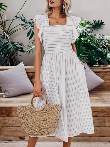 Miessial Womens Summer Midi Smocked Dress 2025 Elegant Square Neck Striped Linen Materity Dress Boho Beach Wedding Guest Dresses with Pockets White,XS - Image 5