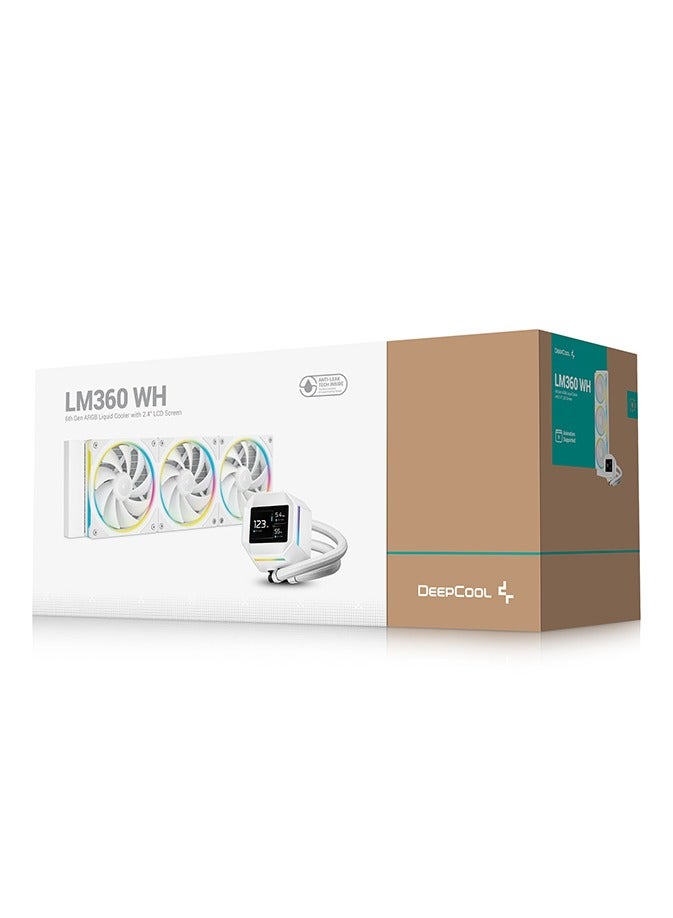 DEEPCOOL LM360 WH 360mm AIO Liquid CPU Cooler, 6th Gen Pump, 3x 120mm ARGB PWM Fans, 2.4" IPS LCD Screen (MP4/GIF/Stats Display), Anti-Leak Tech, White Color, Intel & AMD Compatible, Quiet Operation ≤36.07 dB, 410mm Tubing, Gen 6 FOC Motor, Custom Display via DeepCreative Software, White | R-LM360-WHDMMC-1  - Image 1