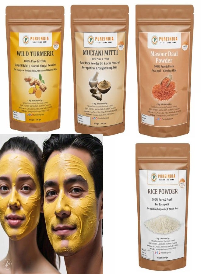 PUREINDIA Rice Powder, Multani Mitti, Wild Turmeric,Masoor daal,50-50 gm Each, Total 200 gm. For Face-Pack, 100% Natural, All Skin Type, DIY facepack. Herbal Powder. Set Of -4.For Skin Brightening & Tightening. - Image 1