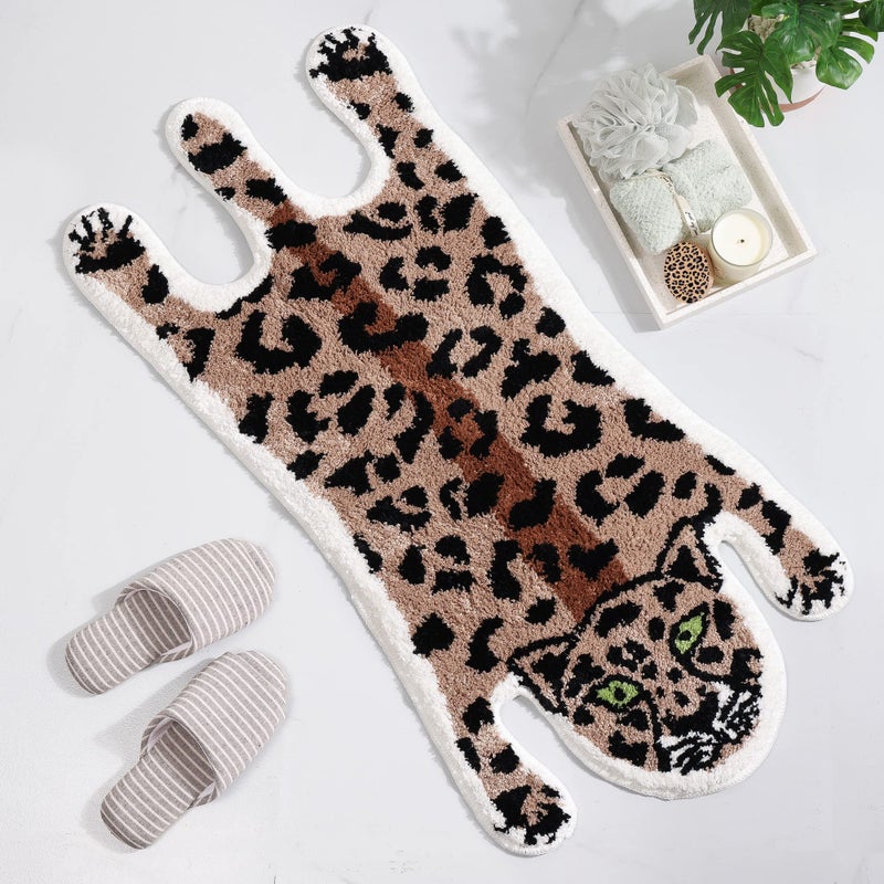 Panstar Leopard Bath Mat for Bathroom  Cute Brown Leopard Cartoon Bath Mats Non Slip Animal Shaped Absorbent Bathtub Rug Bathroom Plush Shower Rugs