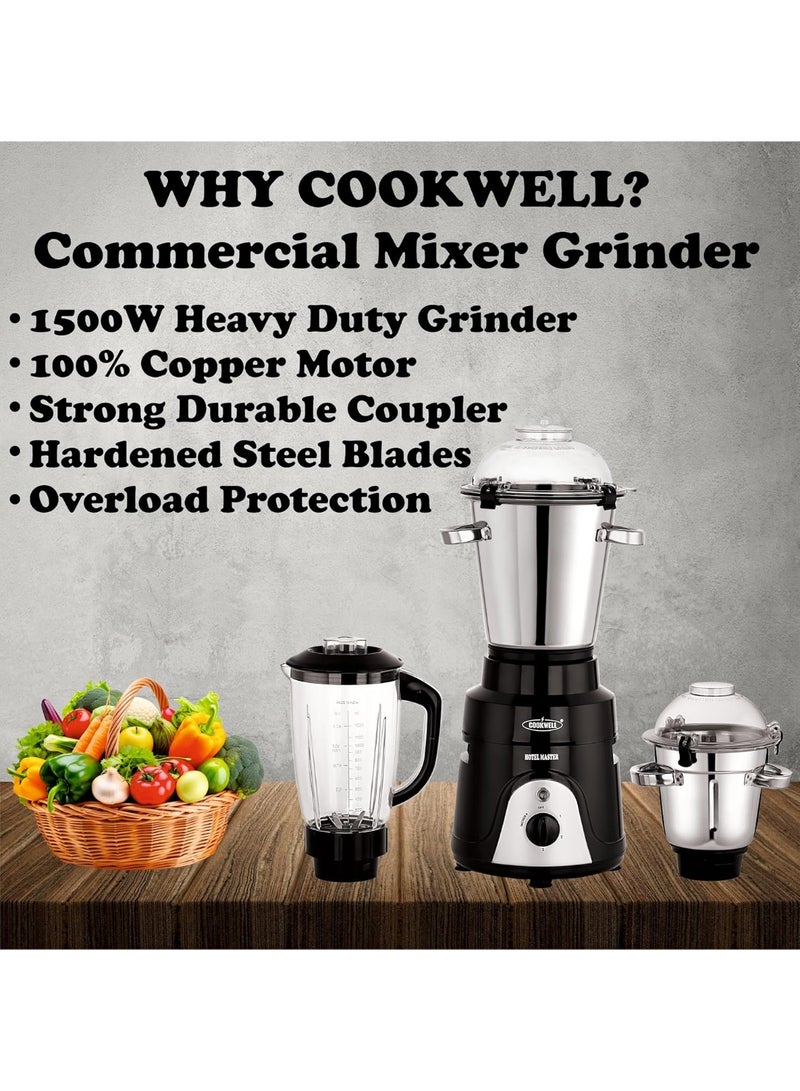 Cookwell Commercial Mixer Grinder 1500 Watt for Cafes, Restaurants, Hotels, Canteens (2HP - 3 Jar), Black - Image 2