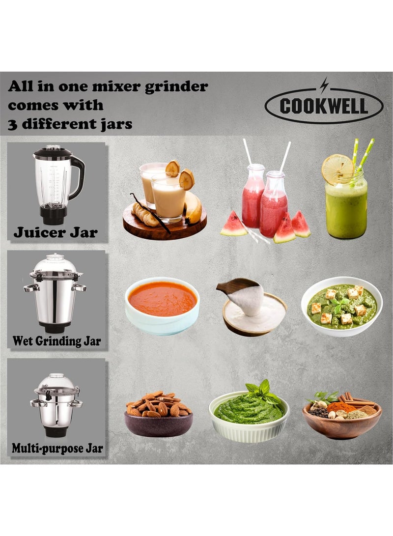 Cookwell Commercial Mixer Grinder 1500 Watt for Cafes, Restaurants, Hotels, Canteens (2HP - 3 Jar), Black - Image 3