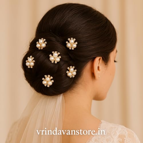 Vrindavanstore.in Golden Pearl Hair Bits for Women & Girls (Set of 6) | 3-Bead Floral Design | Elegant Hair Accessories for Bun, Braid & Party Hairstyles - Image 4