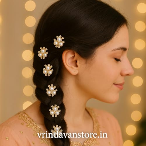 Vrindavanstore.in Golden Pearl Hair Bits for Women & Girls (Set of 6) | 3-Bead Floral Design | Elegant Hair Accessories for Bun, Braid & Party Hairstyles - Image 5