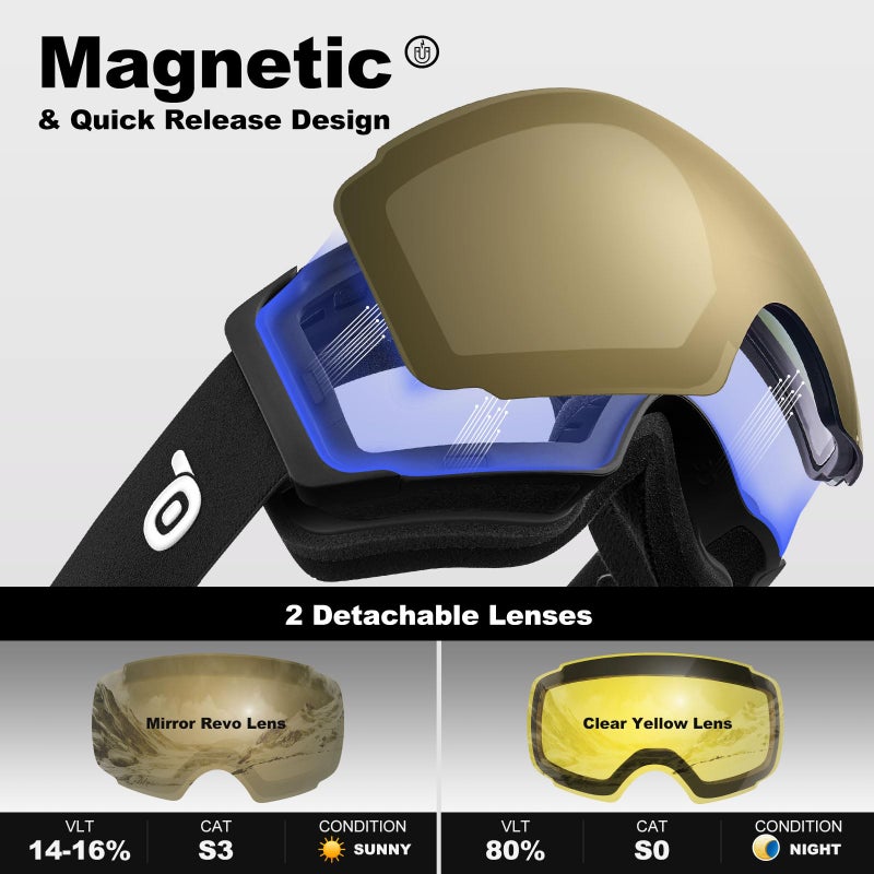 Odoland Magnetic Interchangeable Ski Goggles with 2 Lens, Large Spherical Frameless Snow Snowboard Goggles for Men Women, Black Frame Golden Lens - Image 2
