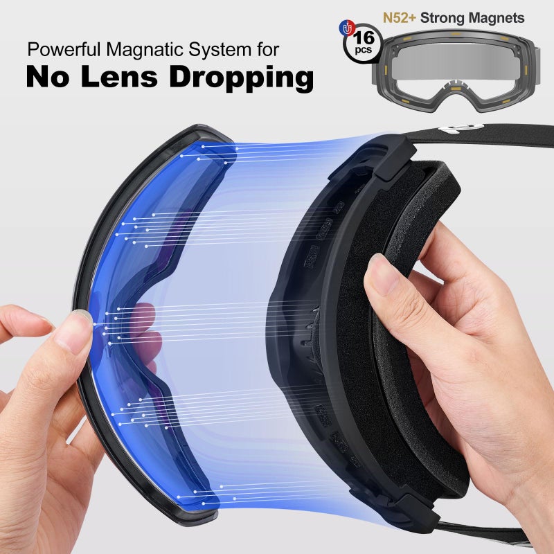 Odoland Magnetic Interchangeable Ski Goggles with 2 Lens, Large Spherical Frameless Snow Snowboard Goggles for Men Women, Black Frame Golden Lens - Image 3