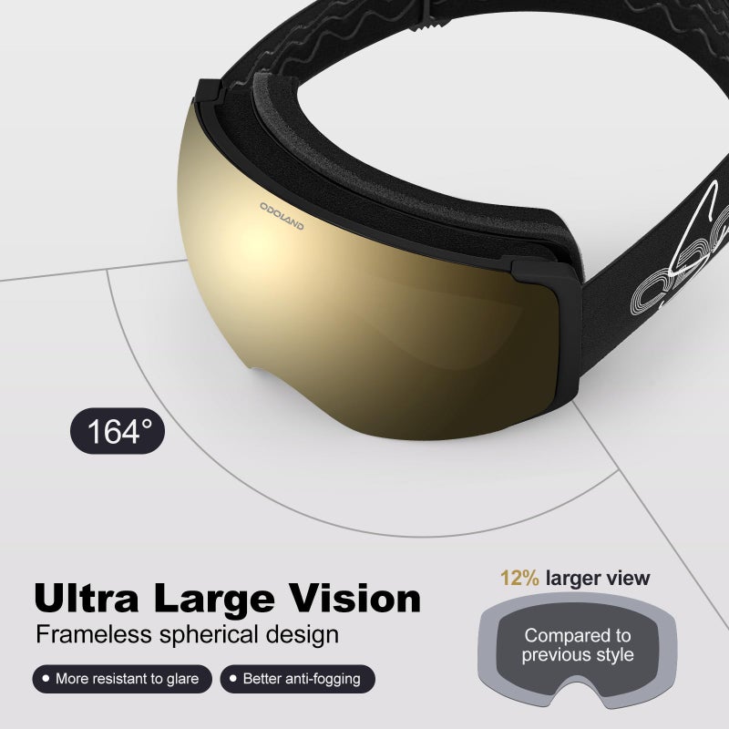 Odoland Magnetic Interchangeable Ski Goggles with 2 Lens, Large Spherical Frameless Snow Snowboard Goggles for Men Women, Black Frame Golden Lens - Image 4