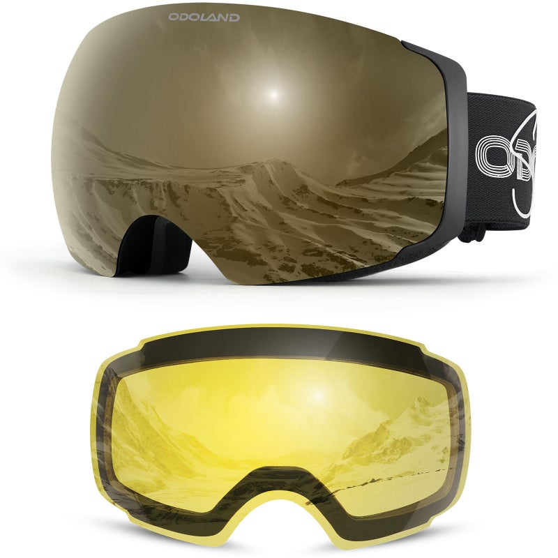 Odoland Magnetic Interchangeable Ski Goggles with 2 Lens, Large Spherical Frameless Snow Snowboard Goggles for Men Women, Black Frame Golden Lens - Image 1