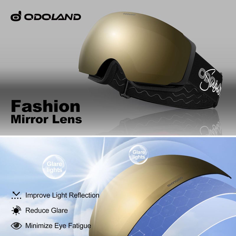 Odoland Magnetic Interchangeable Ski Goggles with 2 Lens, Large Spherical Frameless Snow Snowboard Goggles for Men Women, Black Frame Golden Lens - Image 5