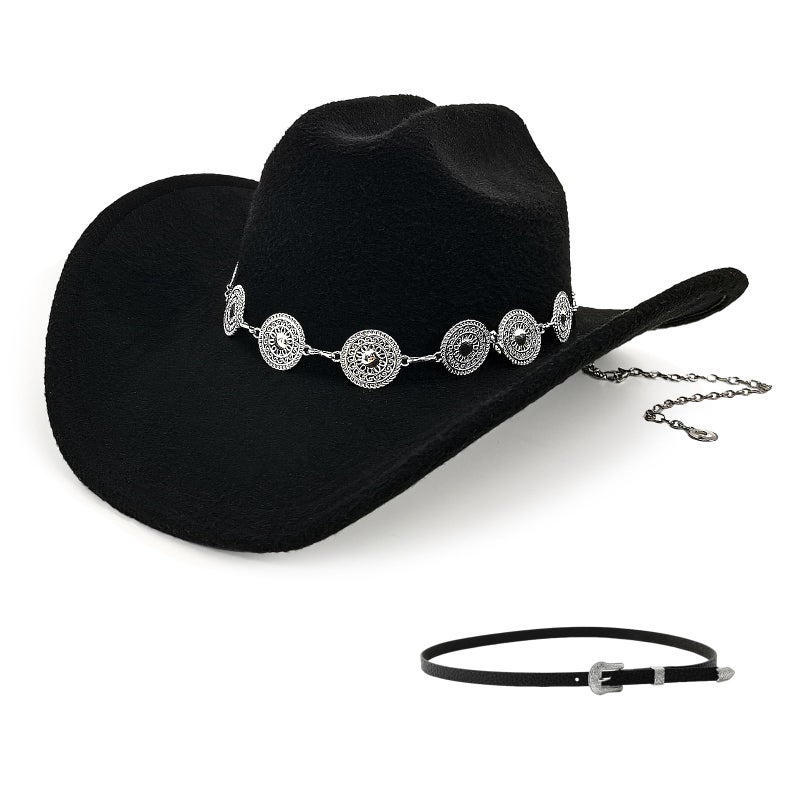 WOKNOW Classic Western Cowboy Hat for Men & Women, Felt Cowgirl Hat with Two Decorative Bands, ï¼ŒWide Brimï¼Œ All-Season Wear (Black Chain) - Image 1